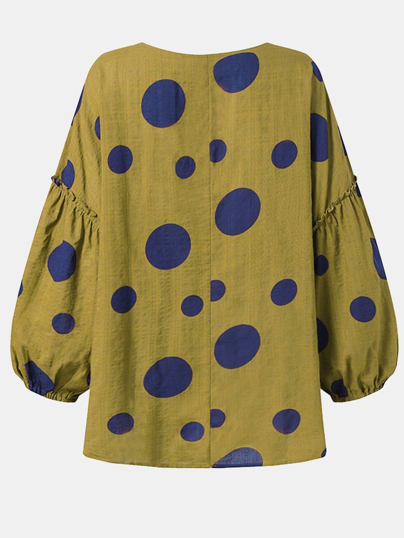 Kvinner Vintage Polka Dot Med Trykk Puff Sleeve Løs Plissert Bluse