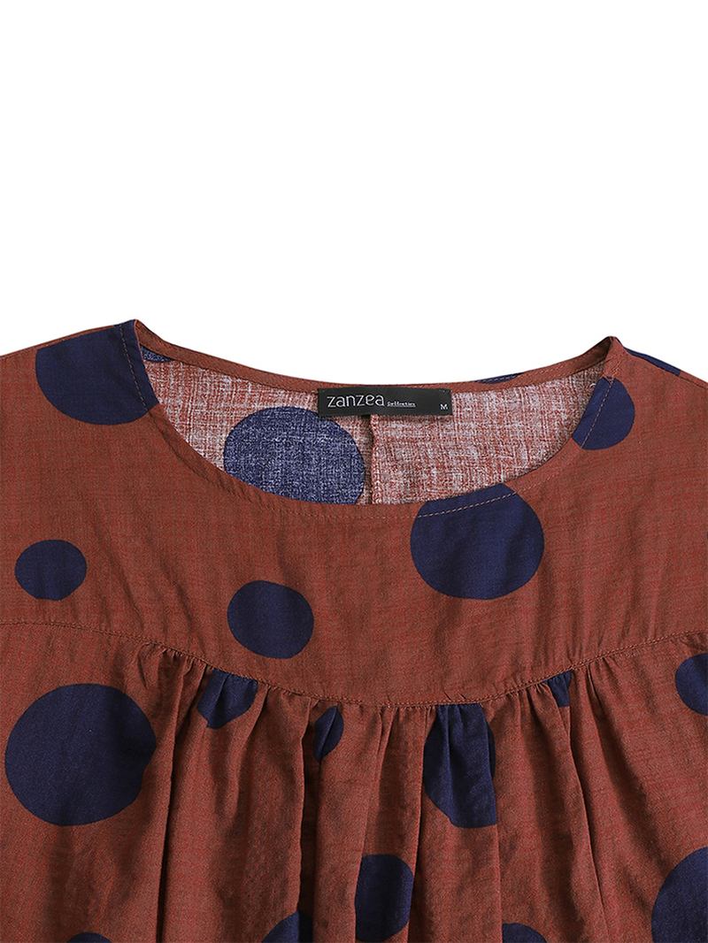 Kvinner Vintage Polka Dot Med Trykk Puff Sleeve Løs Plissert Bluse