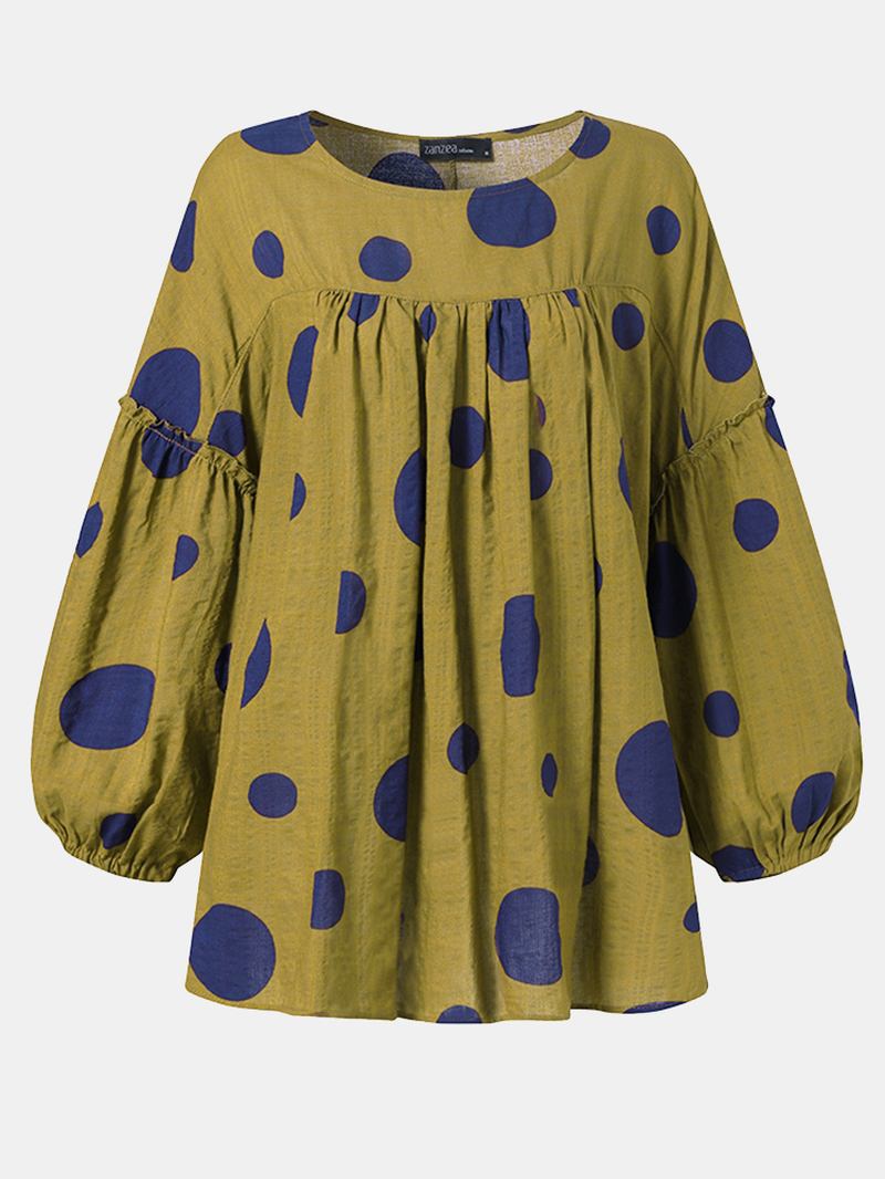 Kvinner Vintage Polka Dot Med Trykk Puff Sleeve Løs Plissert Bluse