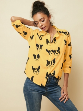 Tegneserie Dog Animal Med Trykk Button Down Langermet Uregelmessig Hem Fritids Bluse For Kvinner