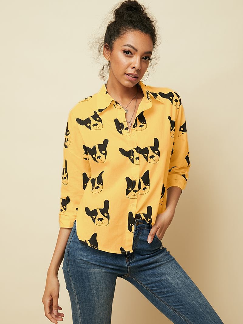 Tegneserie Dog Animal Med Trykk Button Down Langermet Uregelmessig Hem Fritids Bluse For Kvinner