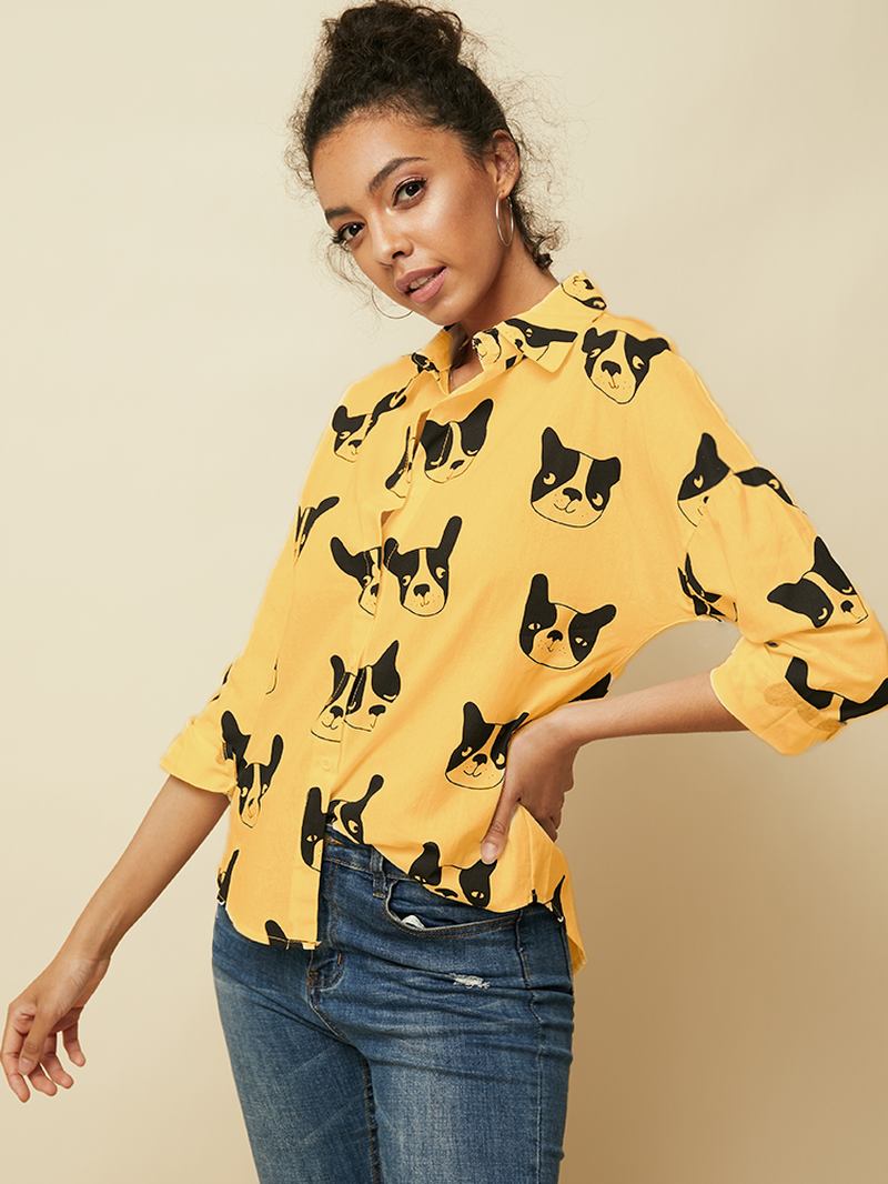 Tegneserie Dog Animal Med Trykk Button Down Langermet Uregelmessig Hem Fritids Bluse For Kvinner