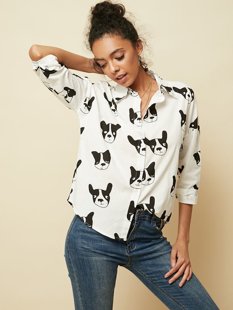 Tegneserie Dog Animal Med Trykk Button Down Langermet Uregelmessig Hem Fritids Bluse For Kvinner