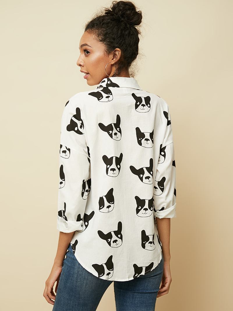 Tegneserie Dog Animal Med Trykk Button Down Langermet Uregelmessig Hem Fritids Bluse For Kvinner