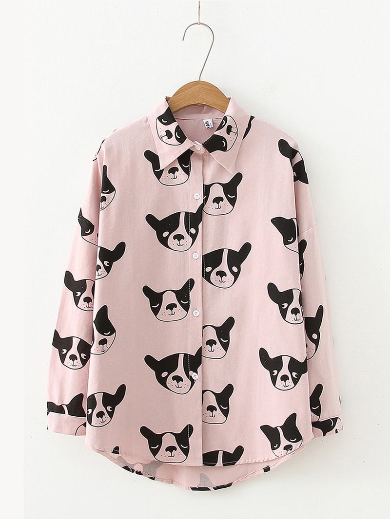 Tegneserie Dog Animal Med Trykk Button Down Langermet Uregelmessig Hem Fritids Bluse For Kvinner