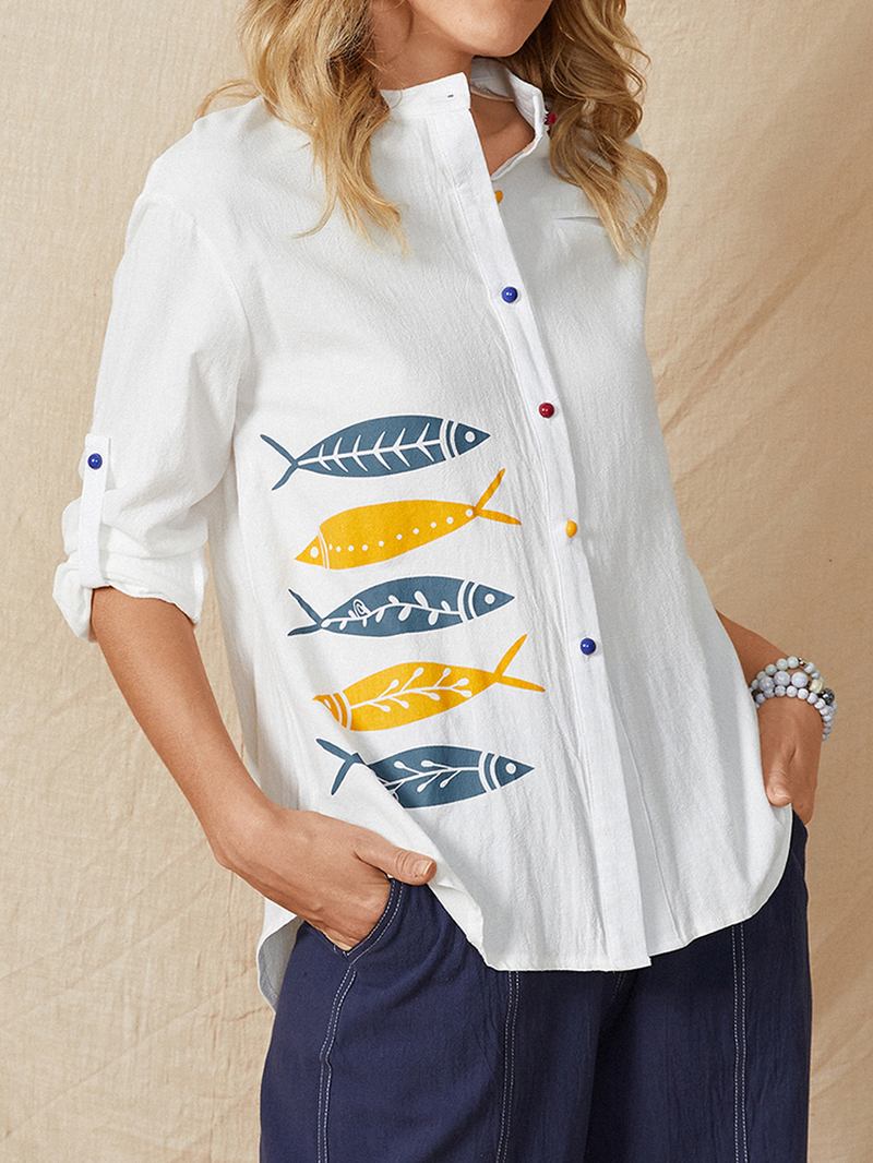 Tegneserie Fish Med Trykk Button Stand Krage Langermet Fritids Bluse For Kvinner