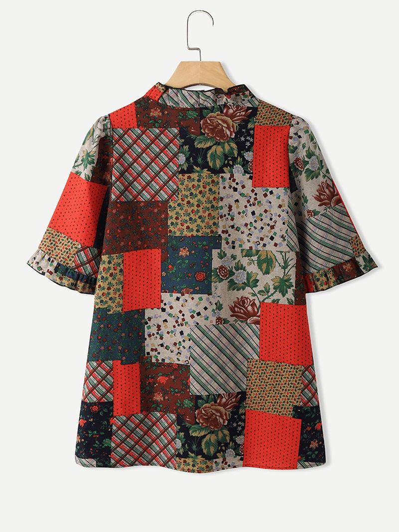 Uformell Bluse I 100% Bomull Med Patchwork-trykk For Kvinner