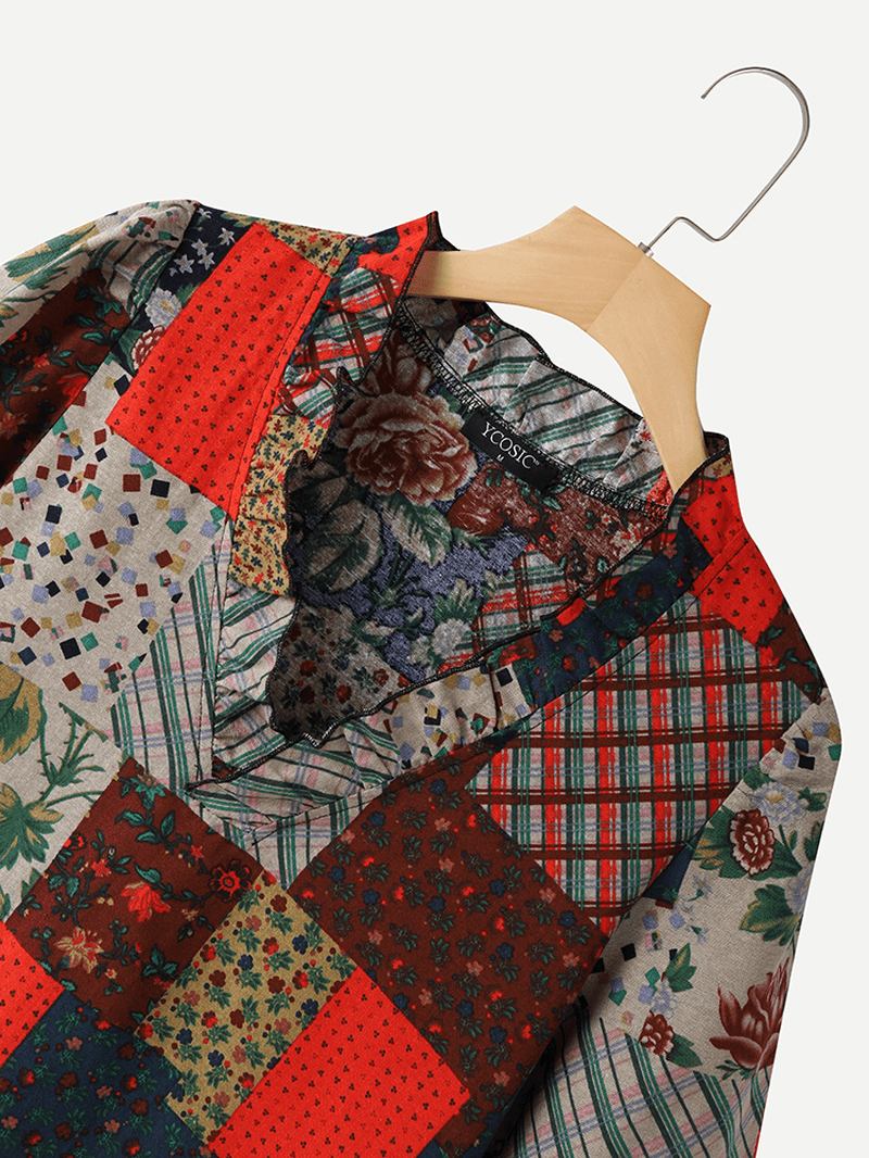 Uformell Bluse I 100% Bomull Med Patchwork-trykk For Kvinner