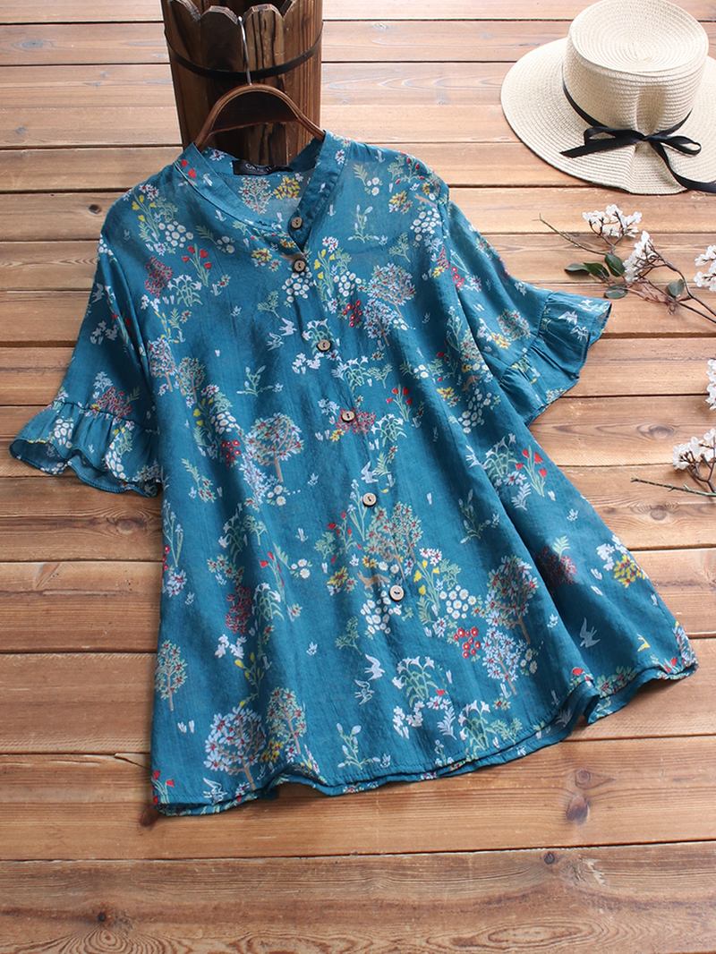 Vintage Bluse Med Blomstertrykk