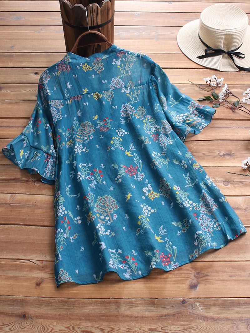 Vintage Bluse Med Blomstertrykk