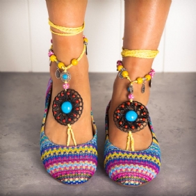 Beaded Chain Rainbow Stripe Cloth Bohemia Fritids Flat Shoes