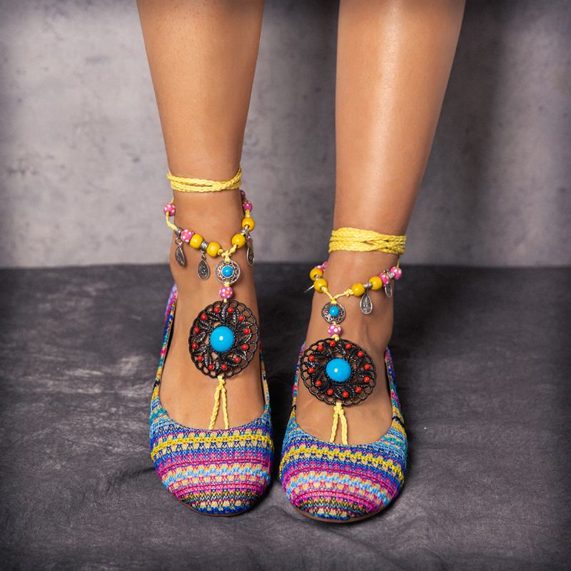 Beaded Chain Rainbow Stripe Cloth Bohemia Fritids Flat Shoes