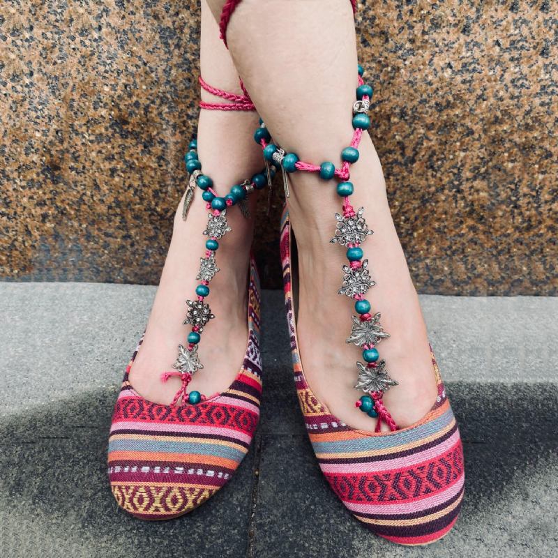 Beaded Red Chain Stripe Komfortable Bohemian Flat Loafers