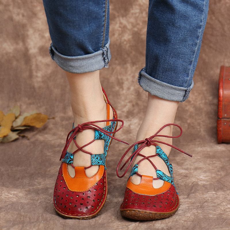 Bohemian Colorblock Myke Skinnutskjæringer Blomstrete Lace-up Flat Sko