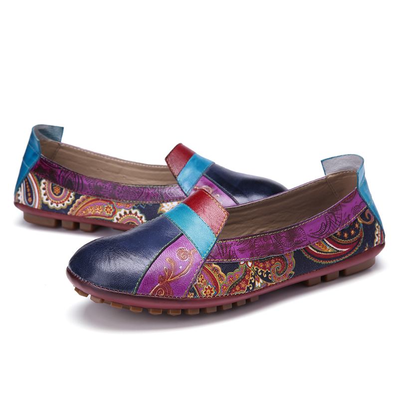 Bohemian Mykt Skinn Blomstrete Skjøting Uformell Slip On Loafers Flate Sko