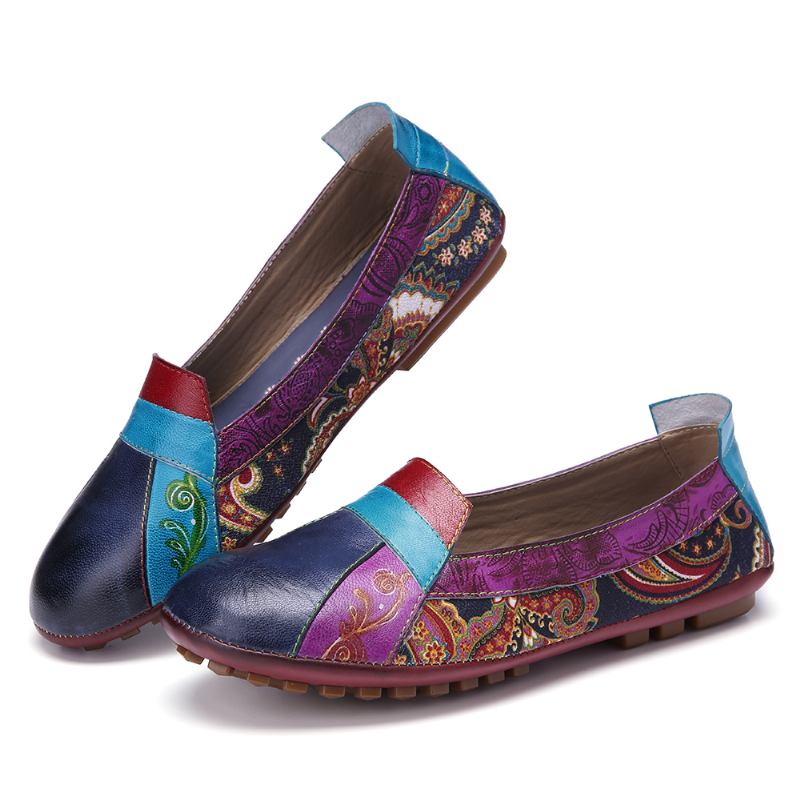 Bohemian Mykt Skinn Blomstrete Skjøting Uformell Slip On Loafers Flate Sko