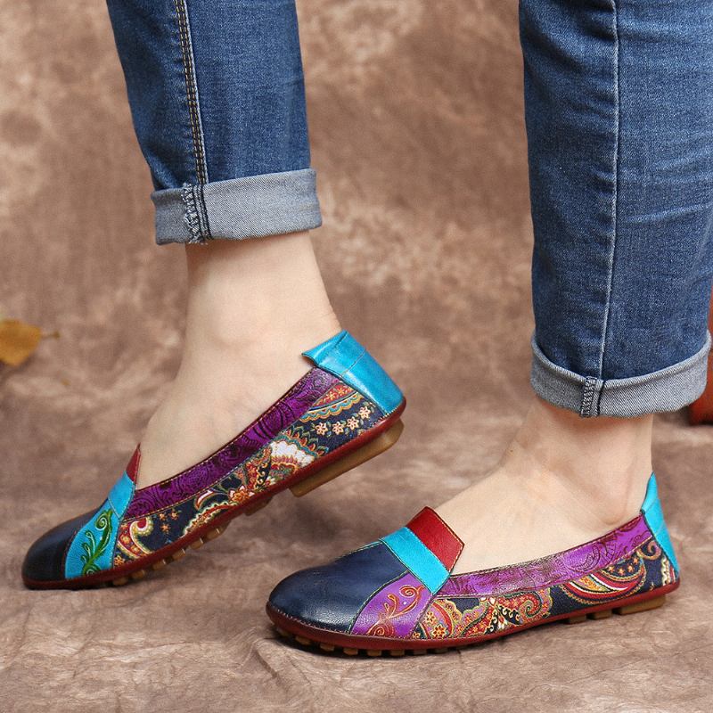 Bohemian Mykt Skinn Blomstrete Skjøting Uformell Slip On Loafers Flate Sko