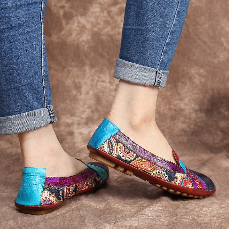 Bohemian Mykt Skinn Blomstrete Skjøting Uformell Slip On Loafers Flate Sko