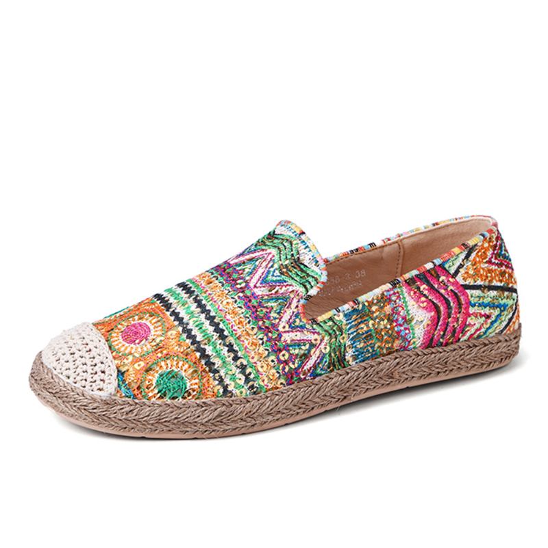 Bohemian Pattern Hollow Out Mesh Klut Bærbar Slip On Fritids Espadrille Flate Sko