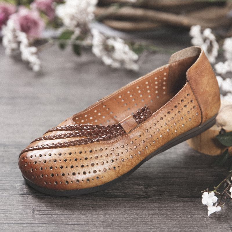 Burnished Cutout Flettet Rund Tå Slip-on Myke Flate Skinnsko