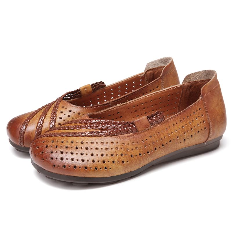 Burnished Cutout Flettet Rund Tå Slip-on Myke Flate Skinnsko