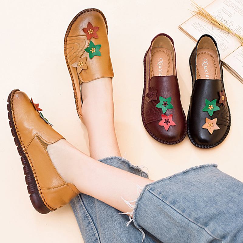 Fritids Soft Star Flat Leather Loafers For Kvinner