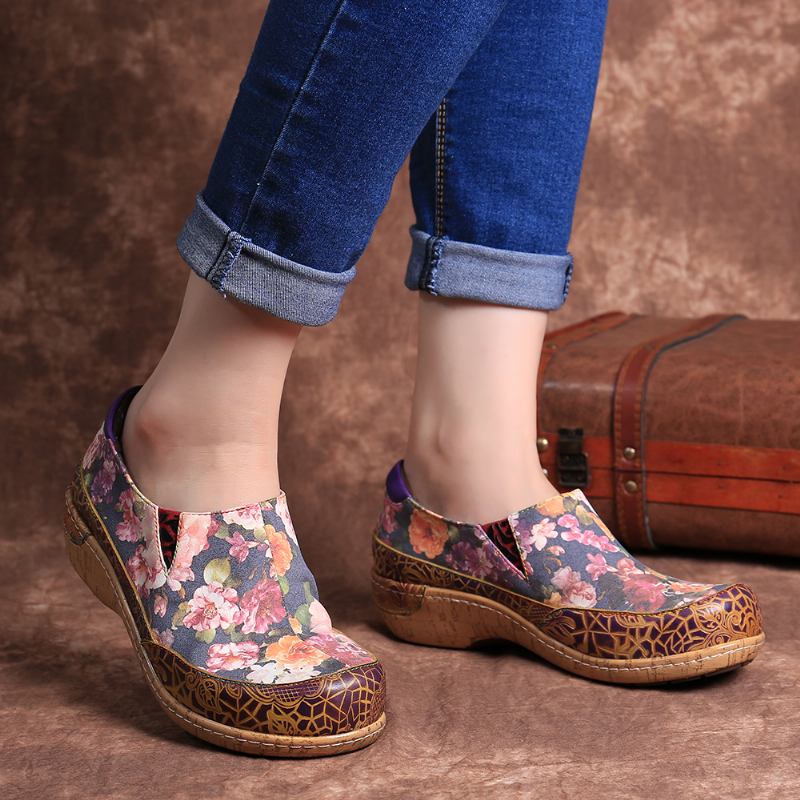 Kvinner Bloom Blomstrete Spleising Retro Stitching Slip On Flats