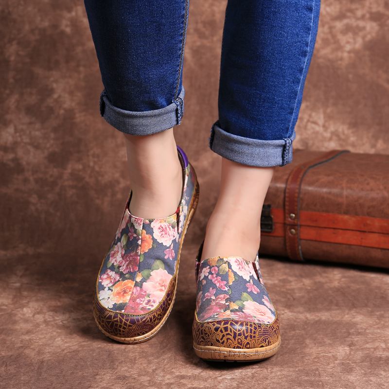 Kvinner Bloom Blomstrete Spleising Retro Stitching Slip On Flats