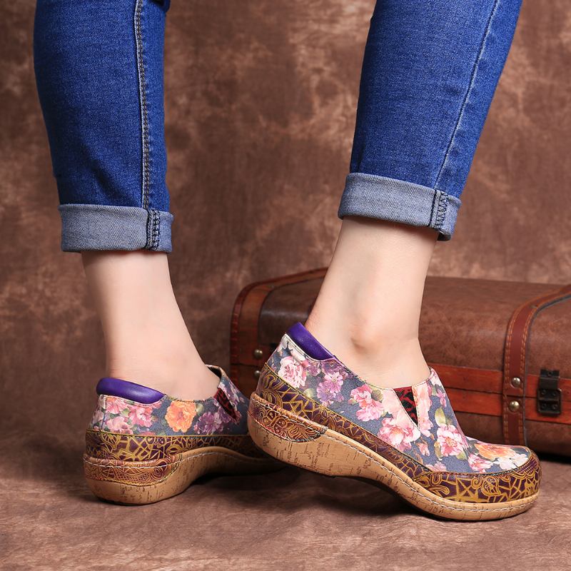 Kvinner Bloom Blomstrete Spleising Retro Stitching Slip On Flats