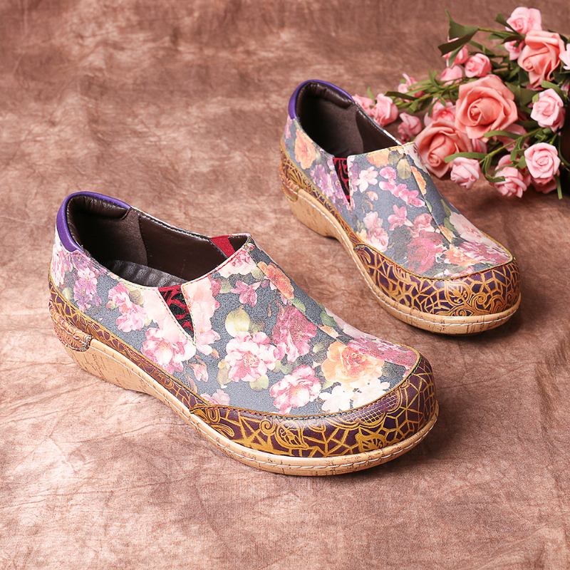 Kvinner Bloom Blomstrete Spleising Retro Stitching Slip On Flats