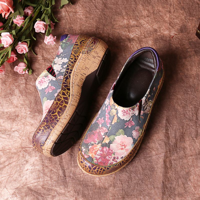 Kvinner Bloom Blomstrete Spleising Retro Stitching Slip On Flats