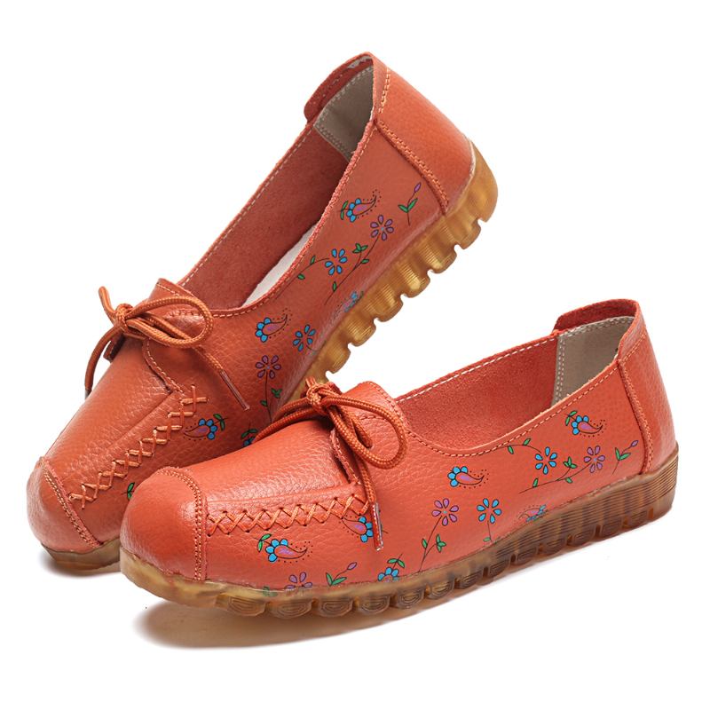 Kvinner Bowknot Blomster Utskrift Sklisikker Myk Såle Fritids Leather Loafers