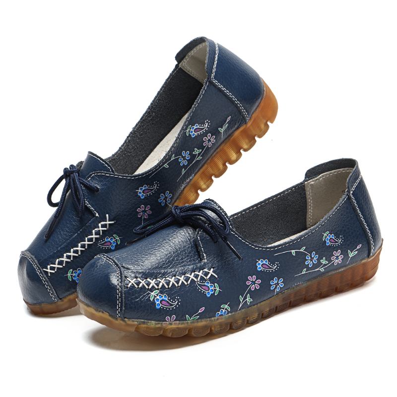 Kvinner Bowknot Blomster Utskrift Sklisikker Myk Såle Fritids Leather Loafers