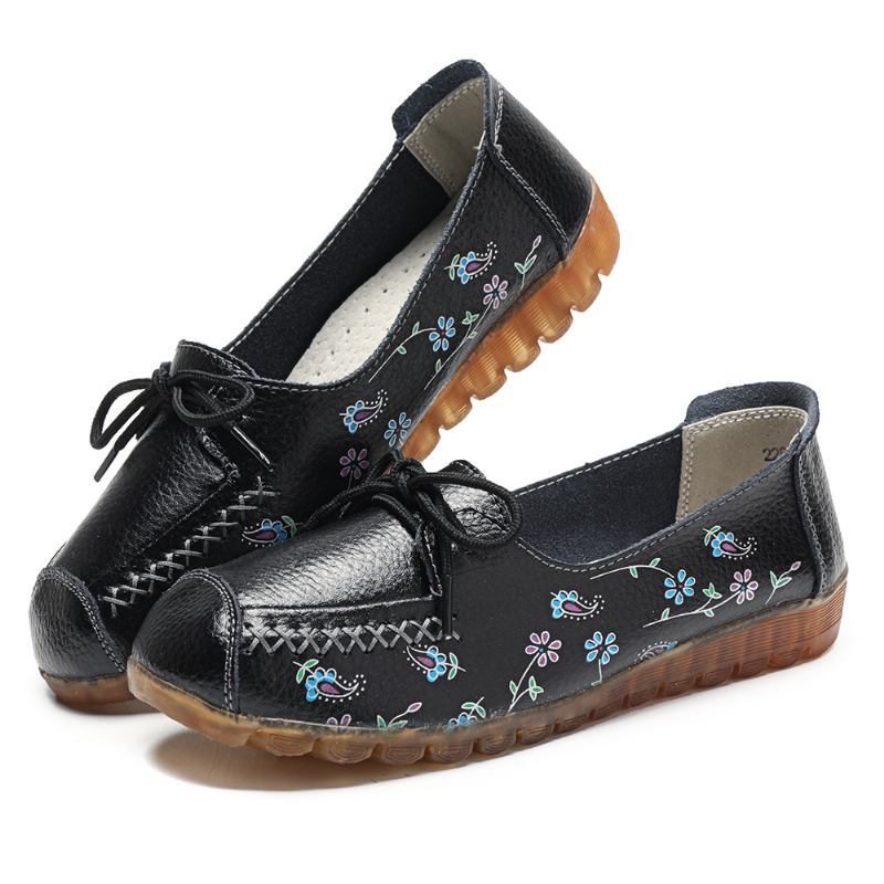 Kvinner Bowknot Blomster Utskrift Sklisikker Myk Såle Fritids Leather Loafers