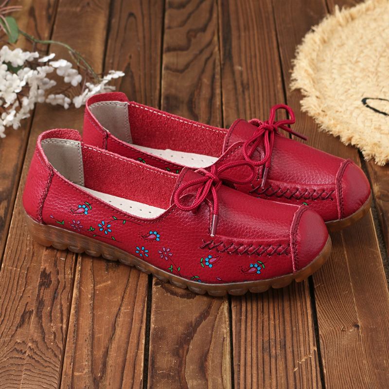 Kvinner Bowknot Blomster Utskrift Sklisikker Myk Såle Fritids Leather Loafers