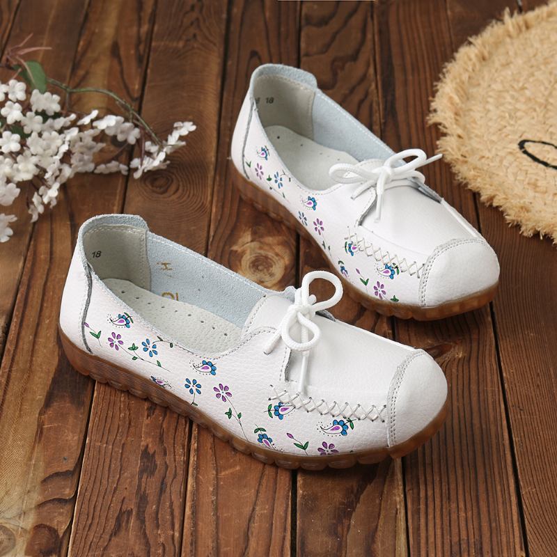 Kvinner Bowknot Blomster Utskrift Sklisikker Myk Såle Fritids Leather Loafers