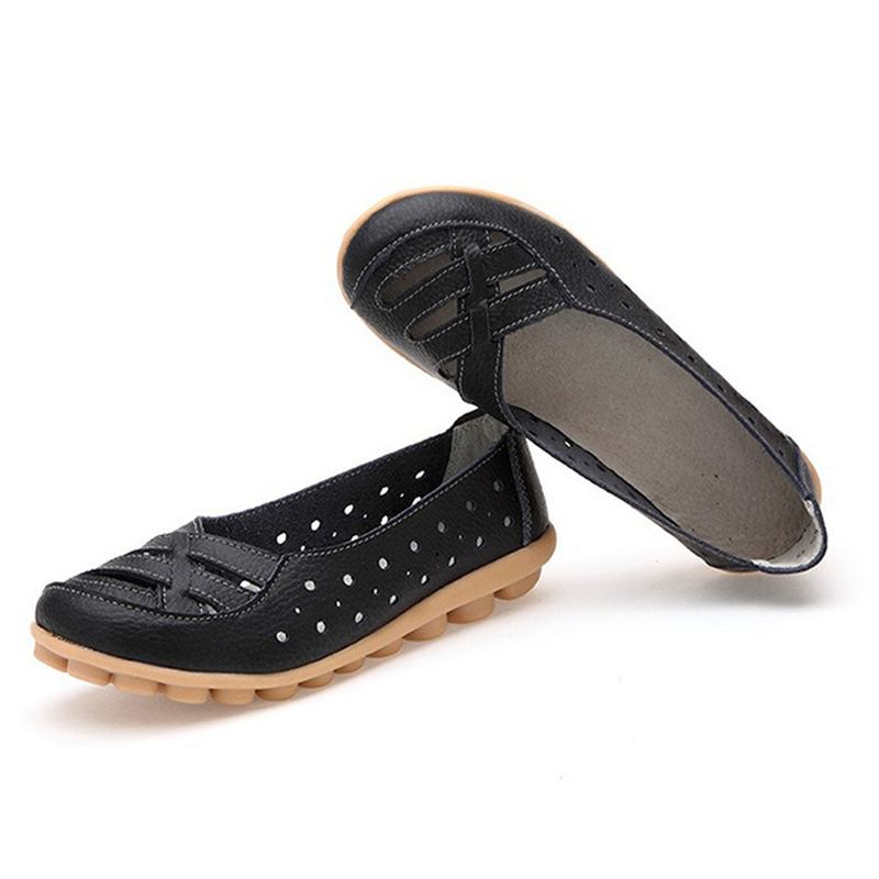 Kvinner Flats Sko Komfortabel Myk Slip On Hollow Out Leather Fritids Flat Loafers Sko