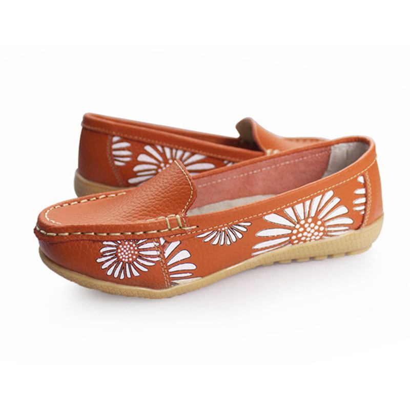 Kvinner Flats Sko Komfortable Slip-on Myk Uformell Blomster Blomstrete Skinn Loafers Flats Sko