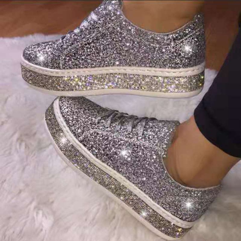 Kvinner Glitter Paljetter Mote Snøring Fest Uformell Plattform Sko Flats