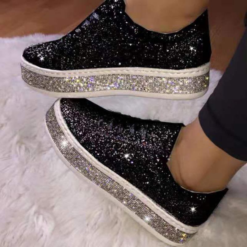 Kvinner Glitter Paljetter Mote Snøring Fest Uformell Plattform Sko Flats