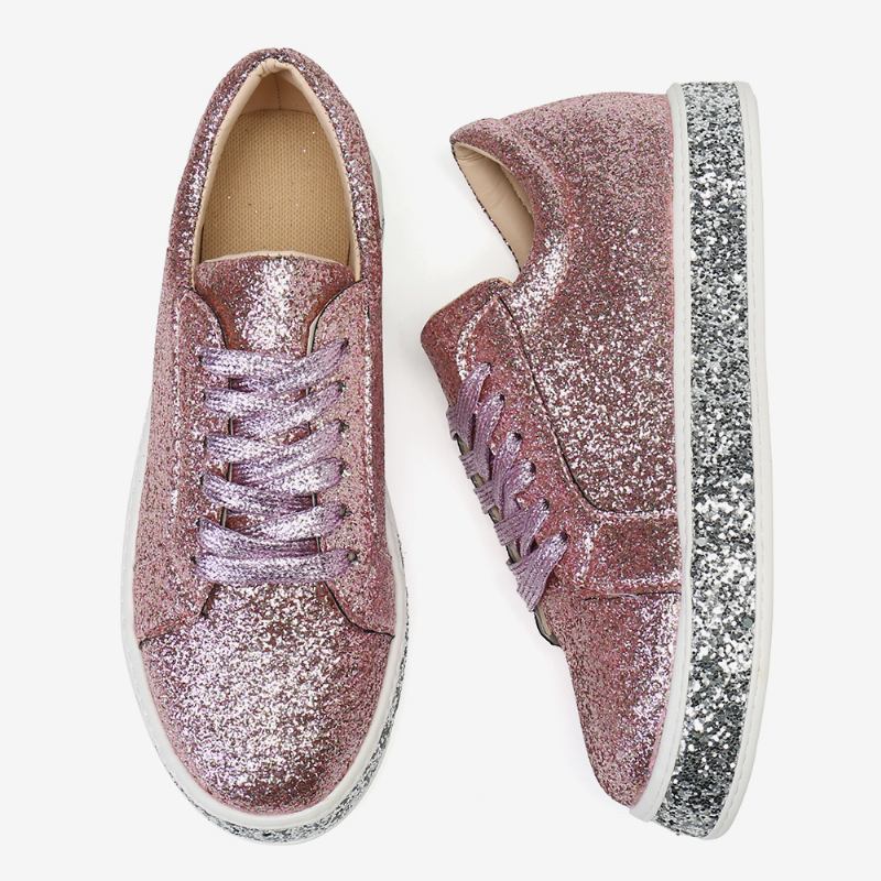 Kvinner Glitter Paljetter Mote Snøring Fest Uformell Plattform Sko Flats