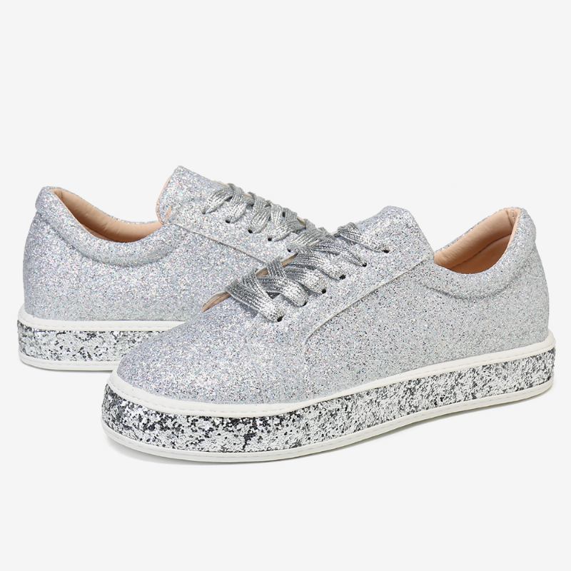 Kvinner Glitter Paljetter Mote Snøring Fest Uformell Plattform Sko Flats