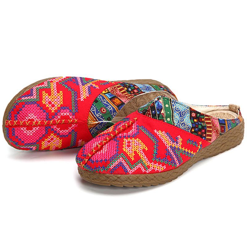 Kvinner Lin Fritids Outdoor Brodery Flat Slipper Sko