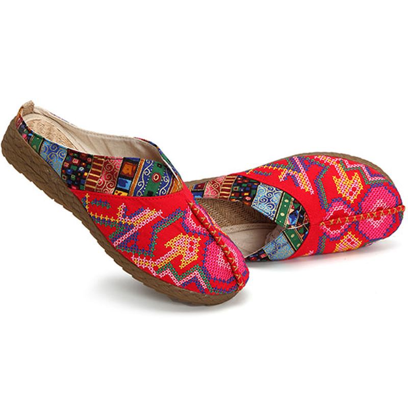 Kvinner Lin Fritids Outdoor Brodery Flat Slipper Sko