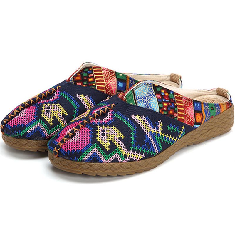 Kvinner Lin Fritids Outdoor Brodery Flat Slipper Sko