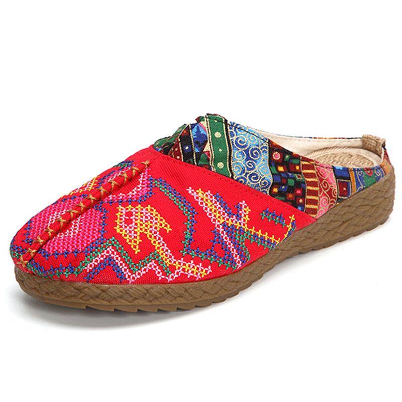 Kvinner Lin Fritids Outdoor Brodery Flat Slipper Sko