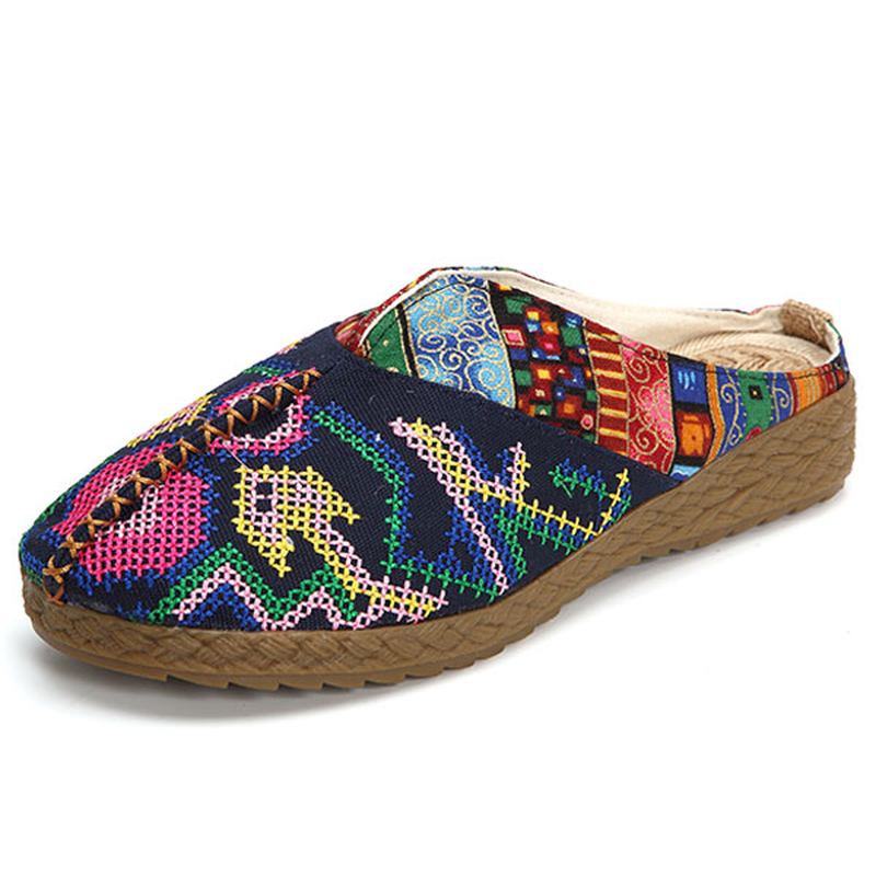 Kvinner Lin Fritids Outdoor Brodery Flat Slipper Sko