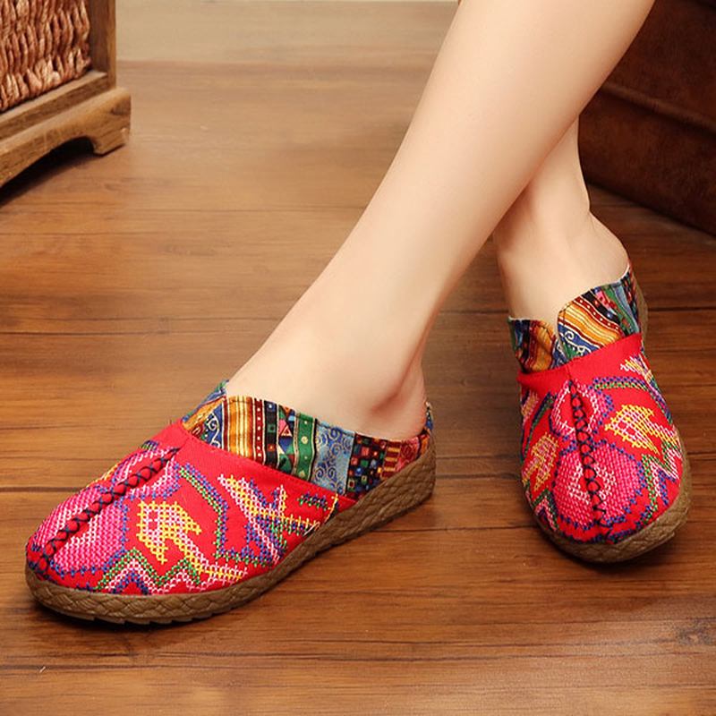 Kvinner Lin Fritids Outdoor Brodery Flat Slipper Sko