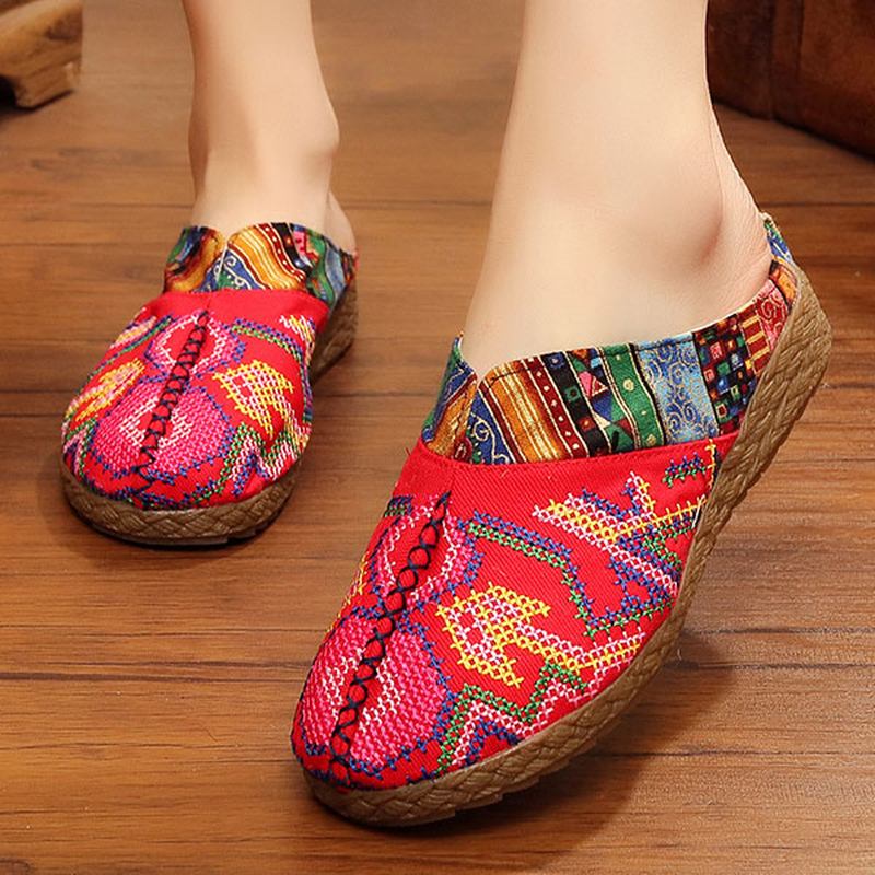 Kvinner Lin Fritids Outdoor Brodery Flat Slipper Sko