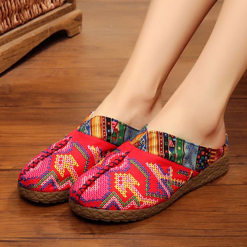 Kvinner Lin Fritids Outdoor Brodery Flat Slipper Sko